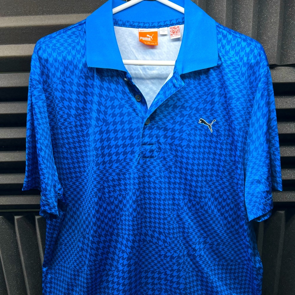 Puma Golf Polo Shirt XL Dry Cell Blue Houndstooth Print